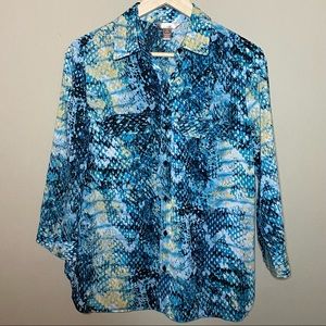 White Stag Blouse Women Medium 8-10 Green Yellow White Print 3/4 Sleeve Read